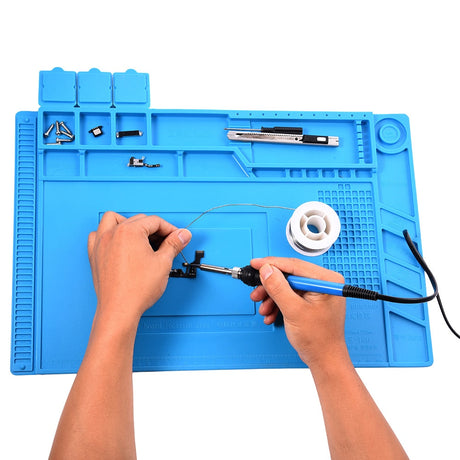 Blue silicone desk mat for soldering iron with magnetic compartments