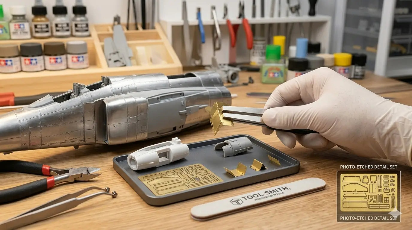 Værktøjer til skalamodelbygning lagt ud på et mørkt arbejdsbord — sidebidetang, slibestave, panel liner pensler og elektrisk sliber