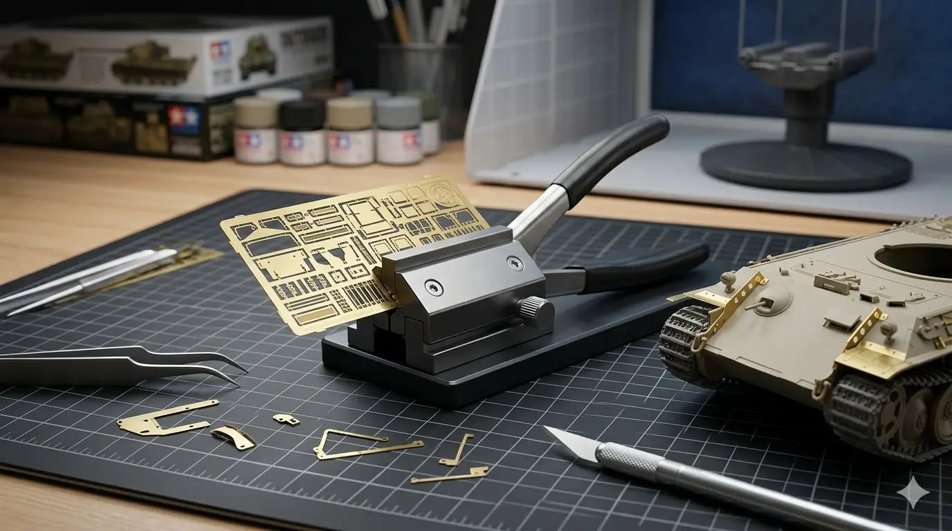 DSPIAE photo etched parts bender tool on dark workbench with small PE railings and mesh panels being folded