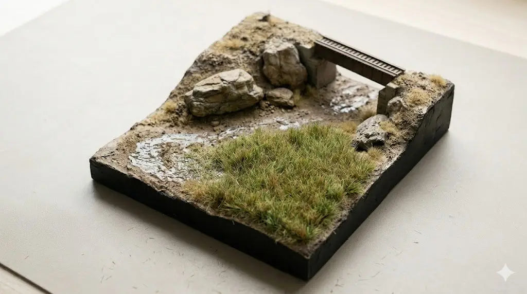 Aplicador de césped estático Cormake siendo utilizado en una base de diorama con fibras de césped estático verdes y marrones en posición vertical sobre el terreno del modelo