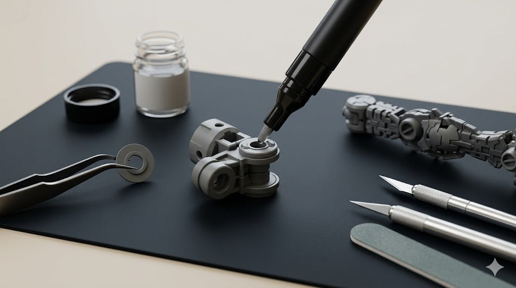 Stedi joint reinforcement pen being applied to a Gunpla polycap joint, close-up detail shot on dark surface