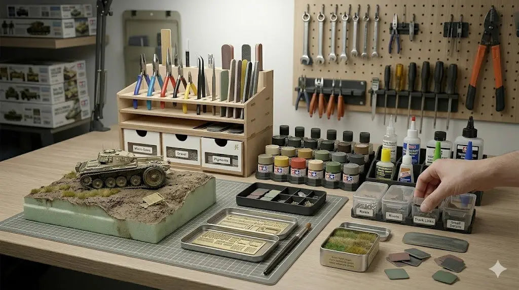 Mesa de trabajo de modelismo a escala bien organizada con herramientas clasificadas por tipo en cajas de almacenamiento, base de corte, herramientas DSPIAE y rotuladores de paneles dispuestos ordenadamente