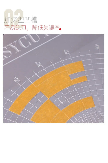 Gray cutting mat with yellow arcs circles cutting template adhesive strips