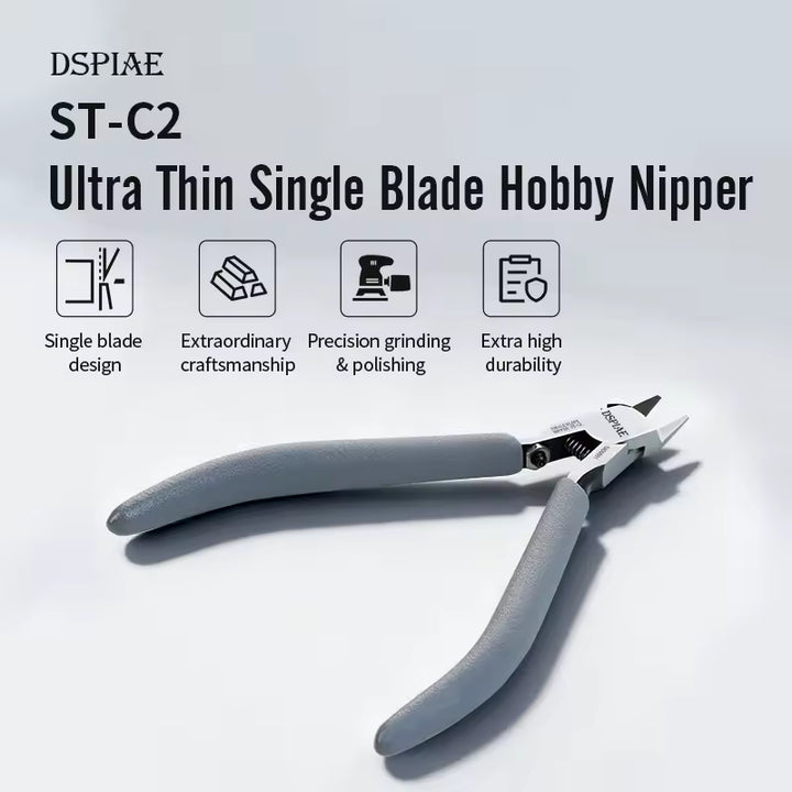 Ultra thin single blade hobby nipper with branding and feature icons on a light gray background