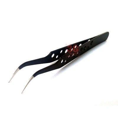 Premium modeling tweezers with straight head, black perforated design, silver tips