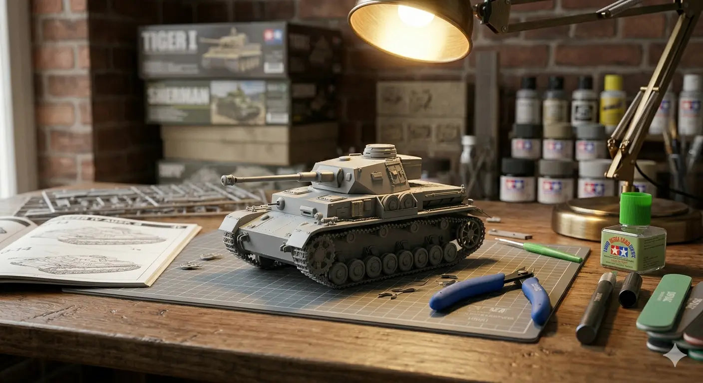 configuration d'outils pour le modélisme à l’échelle pour débutants avec modèle de tank et outils.