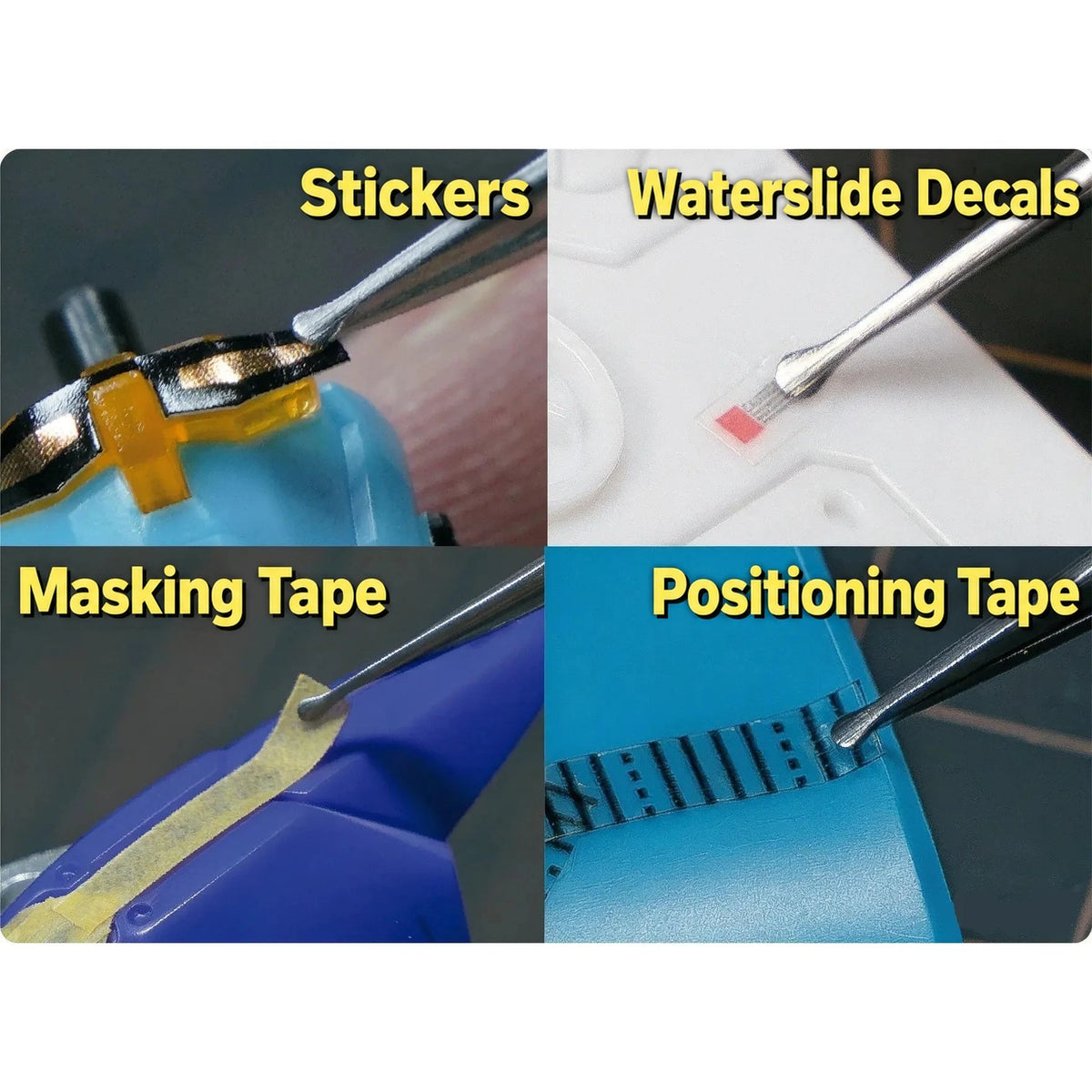 Four examples of the decal tweezers placing stickers, waterslide decals, masking tape and positioning tape on models