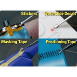 Four examples of the decal tweezers placing stickers, waterslide decals, masking tape and positioning tape on models