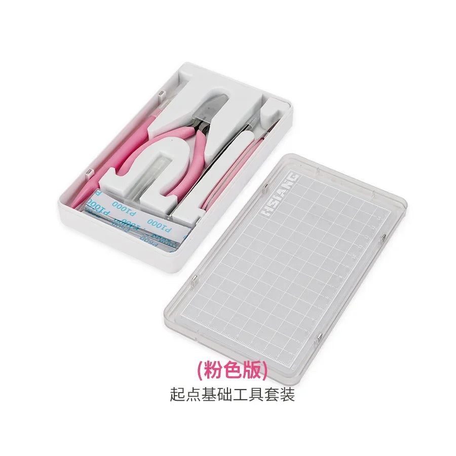 7pcs basic model building tool set with pink-handled jewelry-making pliers in clear plastic case for precision hobby tools