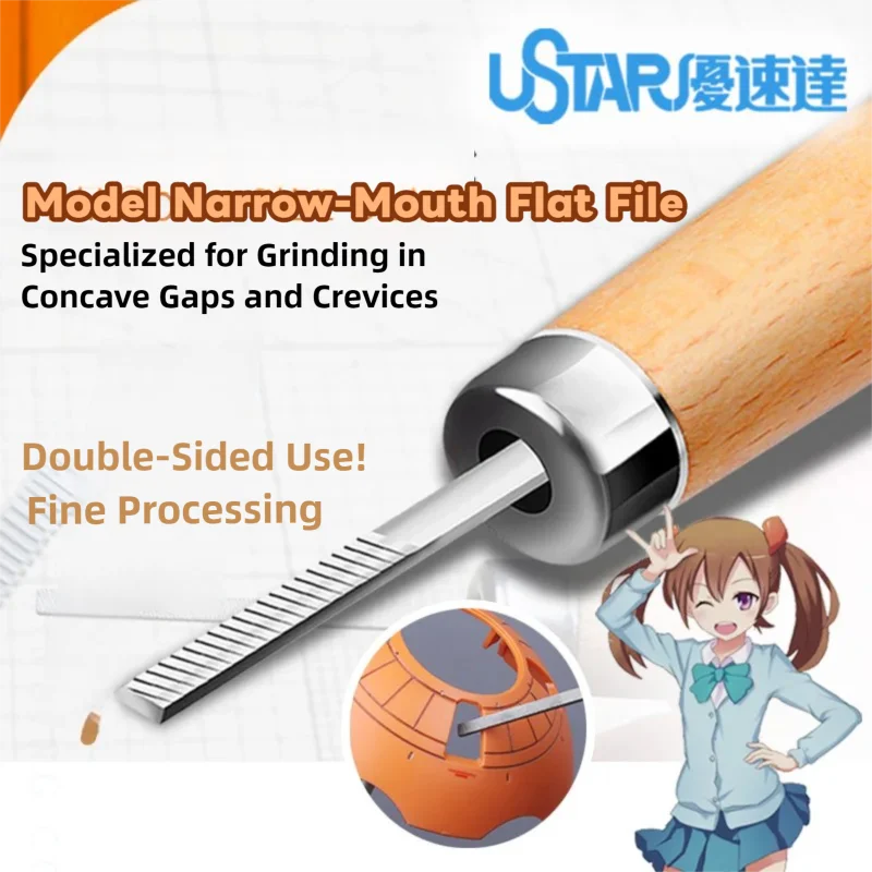 Ustar narrow flat polishing files with wooden handle and metallic blade designed for precise concave gap grinding