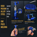 Blue Stedi split vise showing the aluminum body, replaceable clamping pins, multi-angle rotation and one-hand disassembly