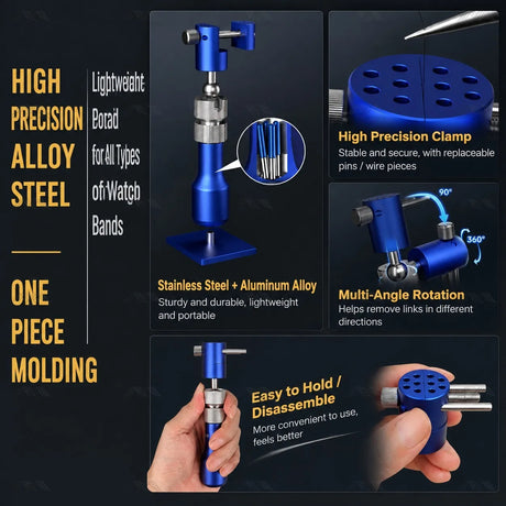 Blue Stedi split vise showing the aluminum body, replaceable clamping pins, multi-angle rotation and one-hand disassembly
