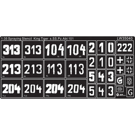 1/35 black stencils for WWII Tiger II Pz.Abt.101 with white grid decals