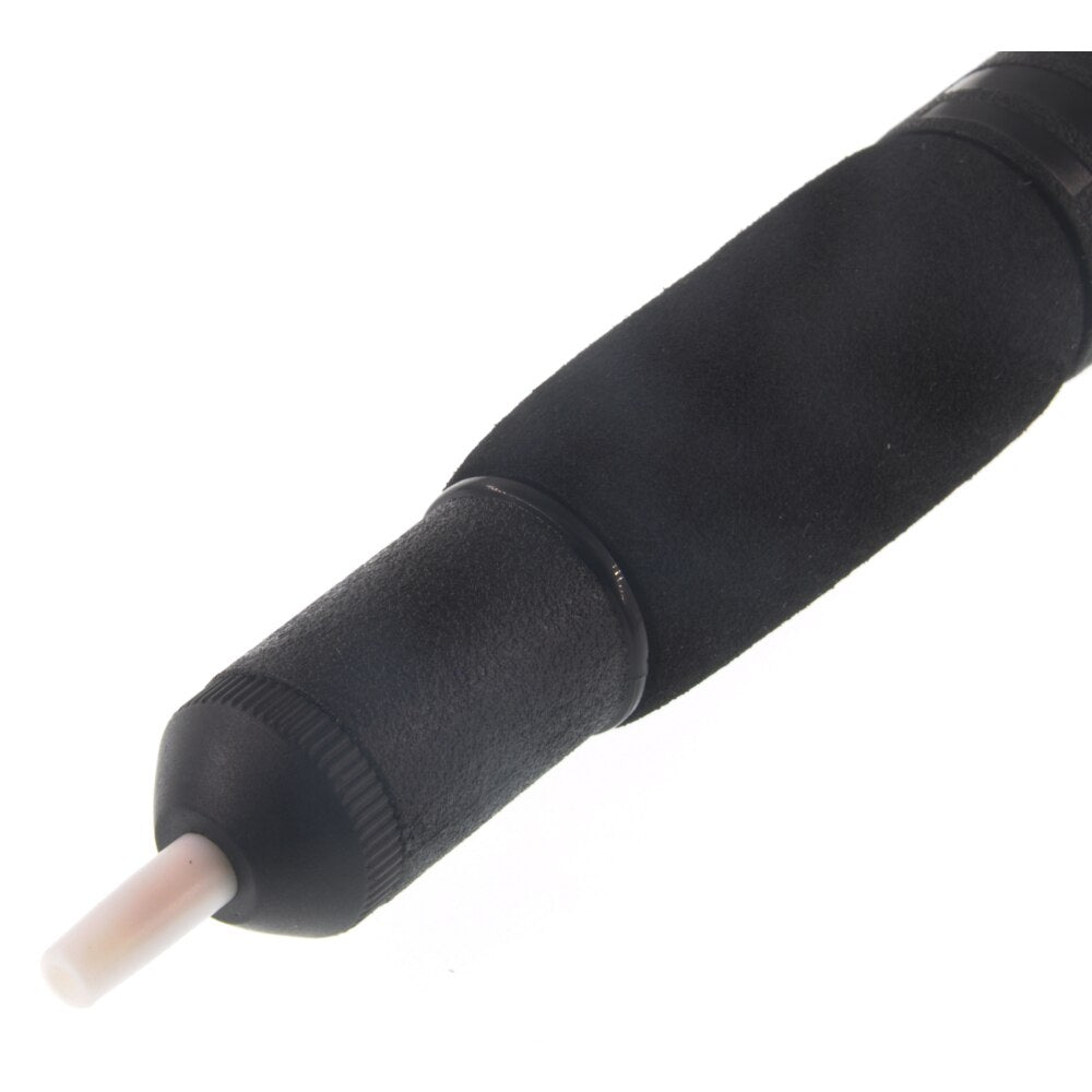 Black ergonomic pen grip on powerful desoldering pump with white eraser tip
