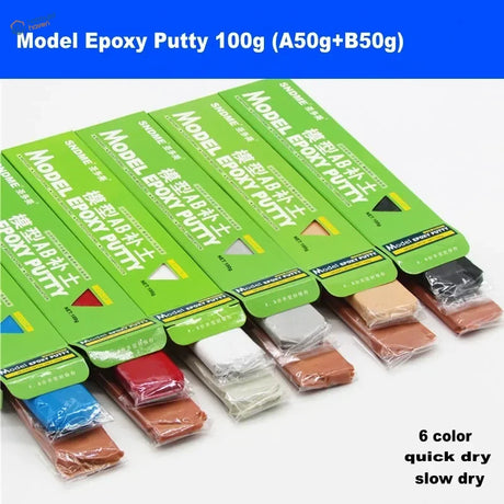 Green-packaged ab epoxy putty for scale modeling in six colors 100g each with quick-dry and slow-dry options