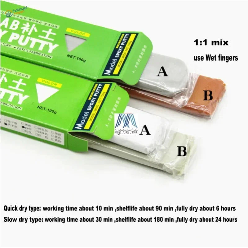 Ab epoxy putty in green packaging with silver, bronze, and off-white colors for scale modeling tools and scale model detailing