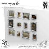 Set of 12 unpainted white 1/35 picture frames shown at an angle on a wall