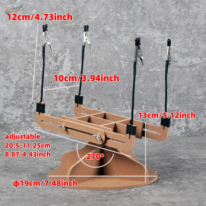 Adjustable model assembly and painting stand with wooden frame and four black-coated alligator clips for scale modeling tools