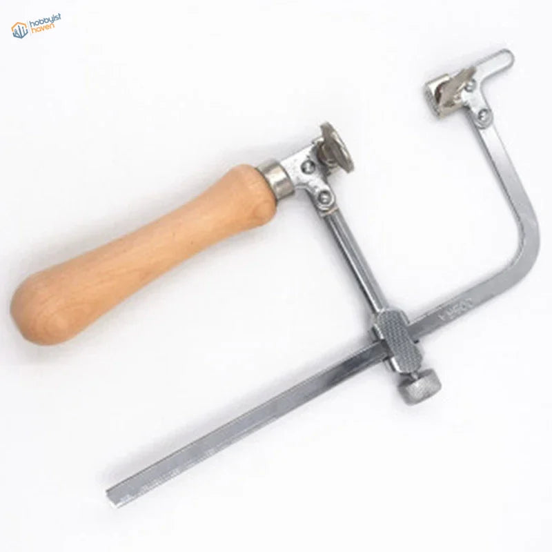 Adjustable wire saw with silver metal frame, light brown wooden handle, and medium-tooth blades rated for precision cutting kit includes 12 blades