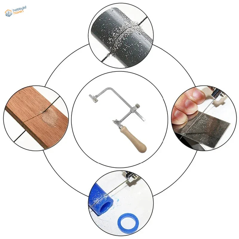 Adjustable wire saw with wooden handle and metallic frame includes medium-tooth blades rated for precise cutting tasks