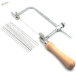 Adjustable wire saw with a silver handle, wooden grip, and kit includes medium-tooth blades rated for precision cutting