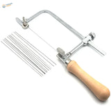 Adjustable wire saw with a silver handle, wooden grip, and kit includes medium-tooth blades rated for precision cutting