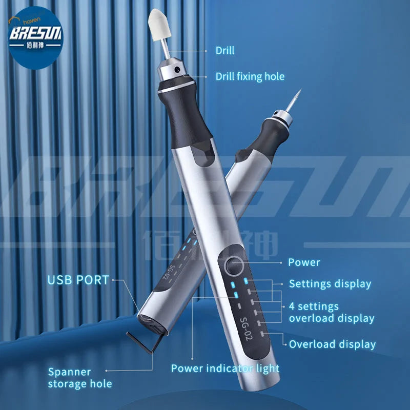 Silver black wireless drill with five cutting heads and USB charging