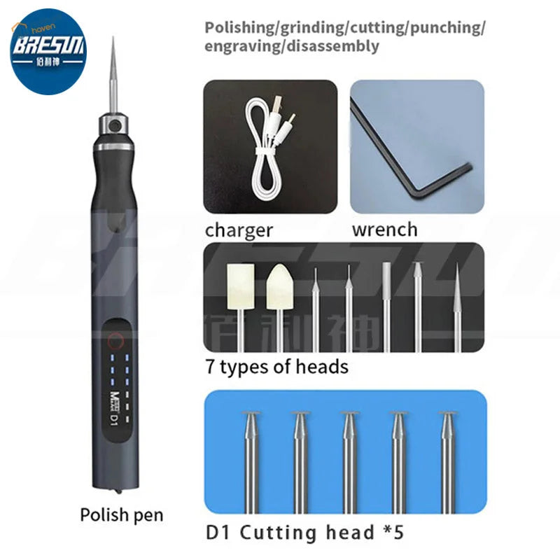 Black and silver Bresun D1 polish pen with five cutting heads