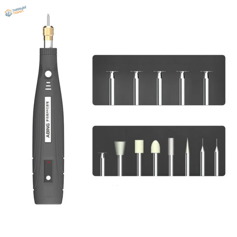 Black Abing electric rotary tool with gold tip and five cutting heads