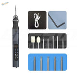 Black handheld engraving pen with five cutting heads and accessories