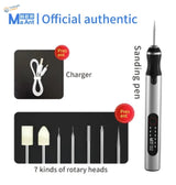 Silver and black electric sanding pen with five cutting heads