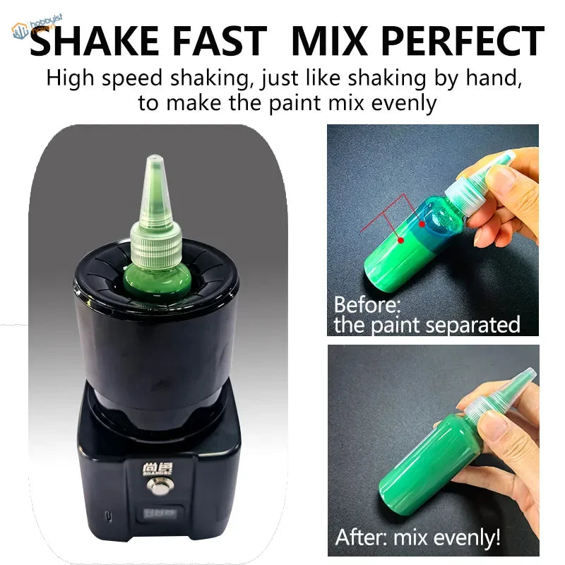 Advanced cordless paint shaker with black mixer and green bottle insert