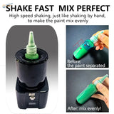 Advanced cordless paint shaker with black mixer and green bottle insert