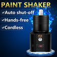 Advanced cordless paint shaker with digital display showing 82 and auto shut-off