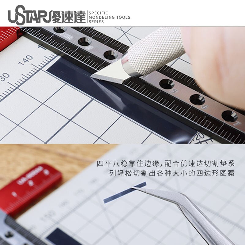 T Shaped Ruler Pro with silver textured blade utility knife on grid mat