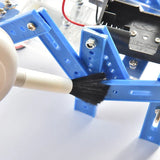 Blue robotic arm with soft brush for air dust blower scale model cleaning