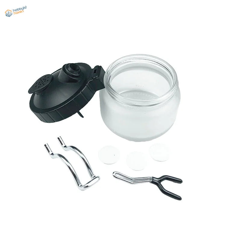 Clear glass paint sprayer jar with black lid in Airbrush Cleaning Sets