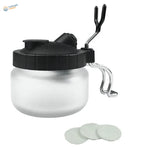 Transparent frosted glass airbrush cleaning pot sprayer with black lid, handle and 3 white filters