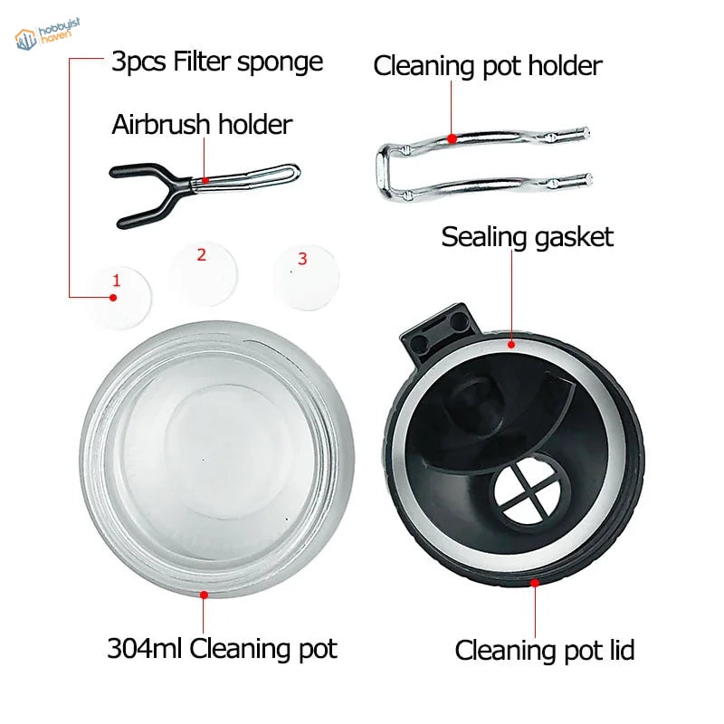 304ml transparent glass cleaning pot with black lid for Airbrush Cleaning Sets