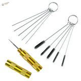 Gold airbrush cleaning set with wire brushes and pointed tool