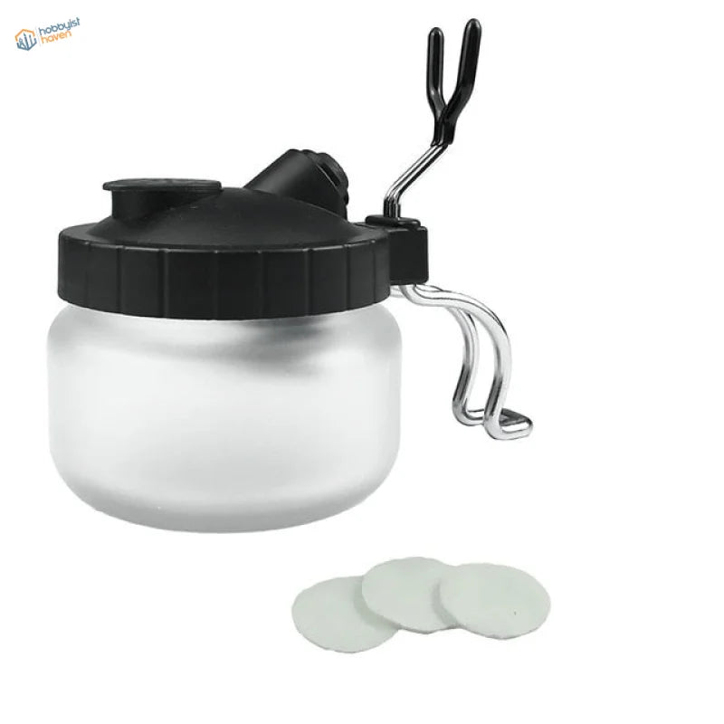 Clear frosted glass cleaning pot with black lid, metal handle, 3 white filters for airbrush cleaning sets