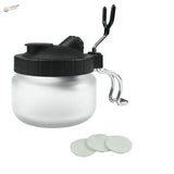 Clear frosted glass cleaning pot with black lid, metal handle, 3 white filters for airbrush cleaning sets