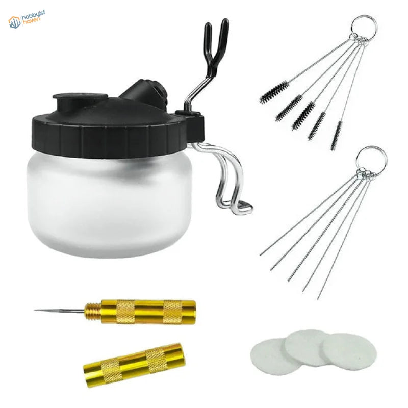 Transparent cleaning pot with black lid for airbrush cleaning sets