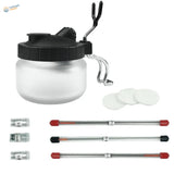 Airbrush cleaning sets with clear spray pot, black lid, nozzles, filters