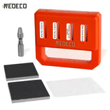 Orange plastic neeoco grinding guide with labeled slots for different grits and a silver metal drill bit.
