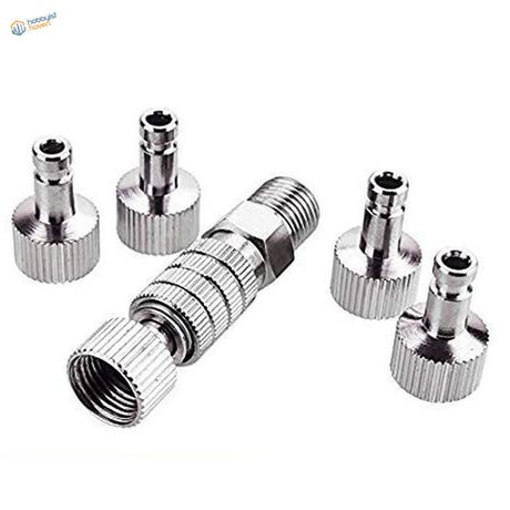 Airbrush quick disconnect adapter with metallic threaded nozzles and ribbed grips