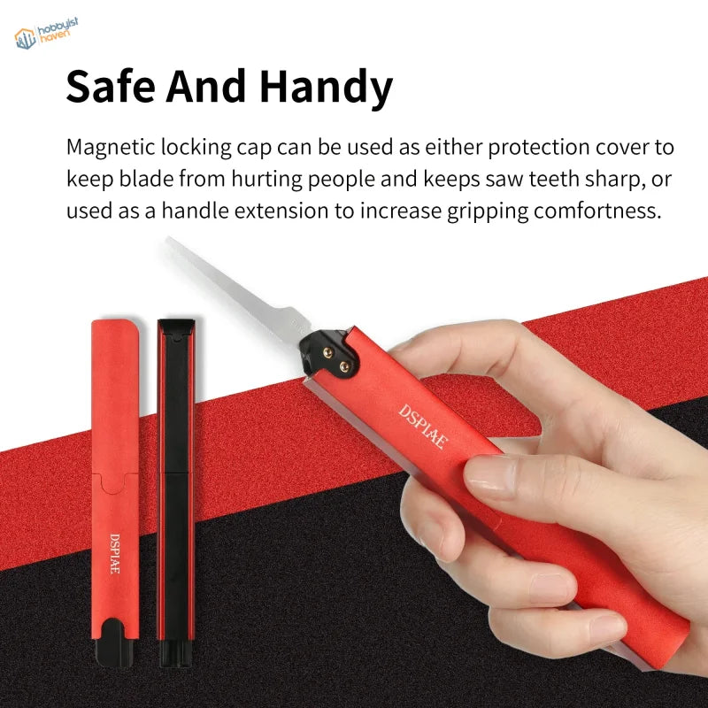 Red and black aluminum hand saw with magnetic locking cap for scale modeling tools