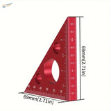 Red aluminum square ruler with triangular cutouts and scales