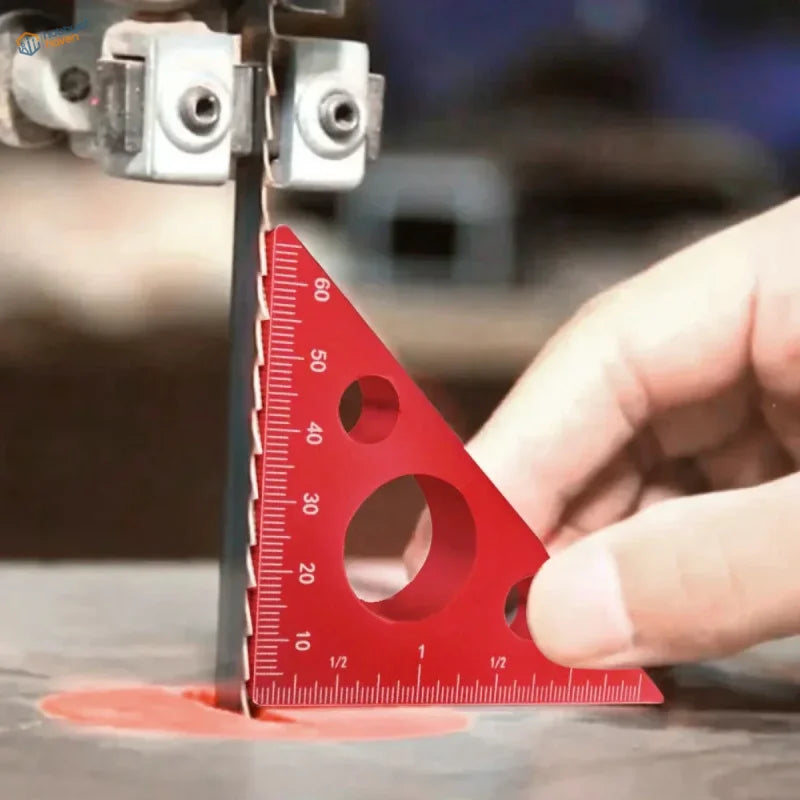 Red aluminum square ruler with imperial metric scales and cutouts