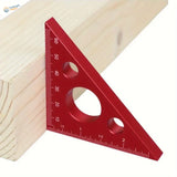 Red aluminum square ruler with triangle shape, scales and cutouts